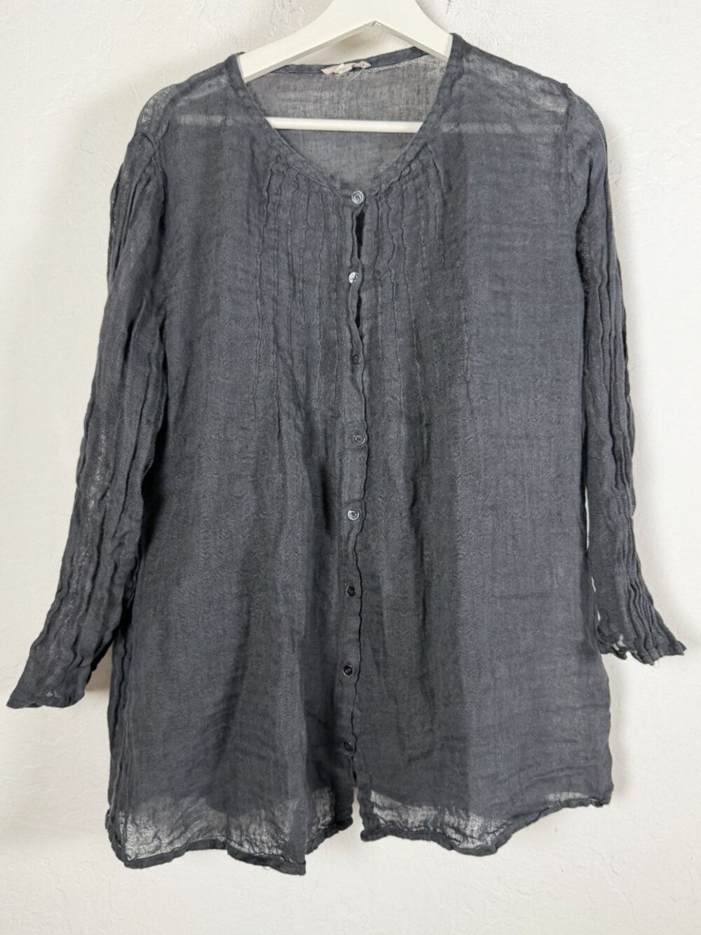 Eileen Fisher Womens Sheer Gray Long Sleeve Button-Front Tunic Top Large Casual